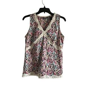 Liz Claiborne Sleeveless Geometric Print Blouse with Lace Trim V-Neck